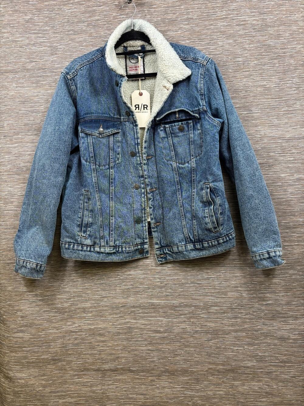 Refinery Republic Jacket Mens Large Blue Denim Sherpa Collar Lined Trucker Warm